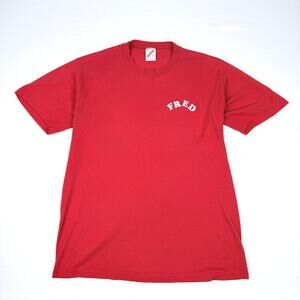 Vintage Jerzees Red Graphic T-Shirt 'Fred' Made in USA Single Stitch Sleeves